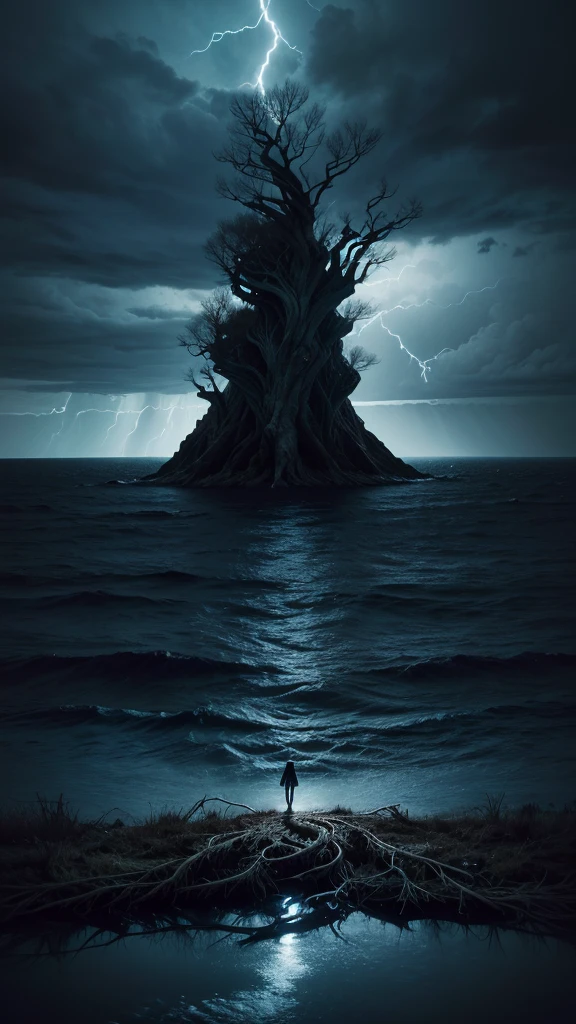 A lone figure stands on the edge of a serene lake under a dark, overcast sky. The water reflects the swirling energy of the stormy sky above, charged with electric blue and purple hues. The figure is shrouded in shadows, with only their glowing, white eyes visible. The atmosphere is intense and surreal, with ripples in the water forming intricate, almost hypnotic patterns. The landscape is otherworldly, with twisted, alien-like trees surrounding the scene, their roots entangled with the earth. The mood of the image is a mix of melancholy and power, capturing the essence of emotional turmoil and transformation.