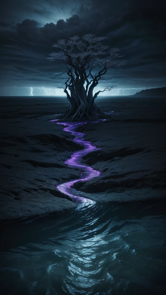 A lone figure stands on the edge of a serene lake under a dark, overcast sky. The water reflects the swirling energy of the stormy sky above, charged with electric blue and purple hues. The figure is shrouded in shadows, with only their glowing, white eyes visible. The atmosphere is intense and surreal, with ripples in the water forming intricate, almost hypnotic patterns. The landscape is otherworldly, with twisted, alien-like trees surrounding the scene, their roots entangled with the earth. The mood of the image is a mix of melancholy and power, capturing the essence of emotional turmoil and transformation.