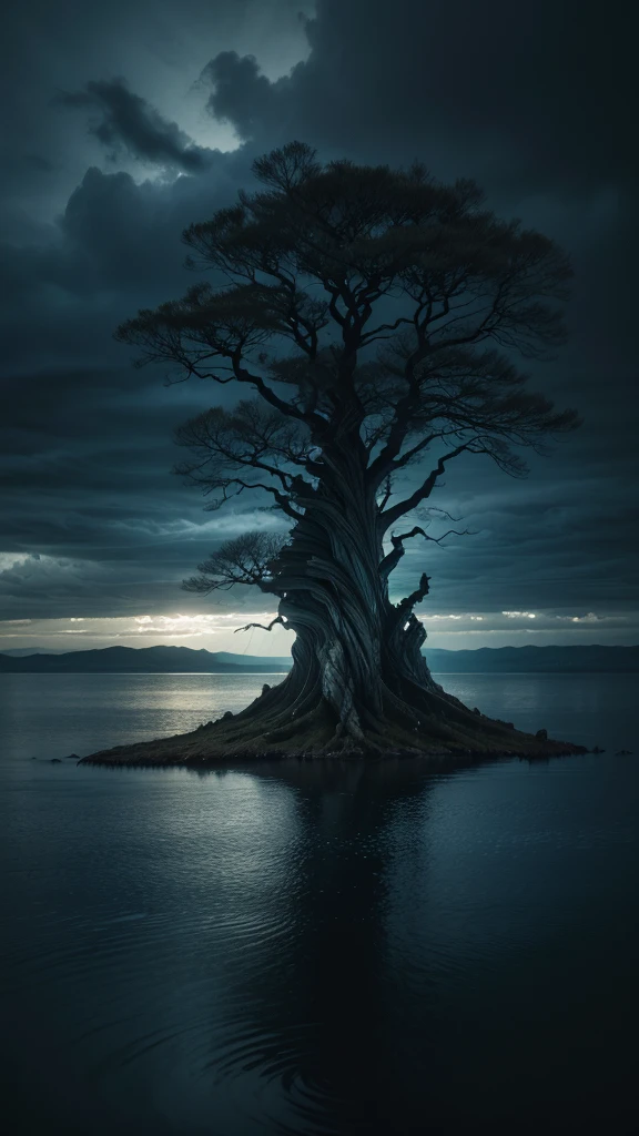 A lone figure stands on the edge of a serene lake under a dark, overcast sky. The water reflects the swirling energy of the stormy sky above, charged with electric blue and purple hues. The figure is shrouded in shadows, with only their glowing, white eyes visible. The atmosphere is intense and surreal, with ripples in the water forming intricate, almost hypnotic patterns. The landscape is otherworldly, with twisted, alien-like trees surrounding the scene, their roots entangled with the earth. The mood of the image is a mix of melancholy and power, capturing the essence of emotional turmoil and transformation.