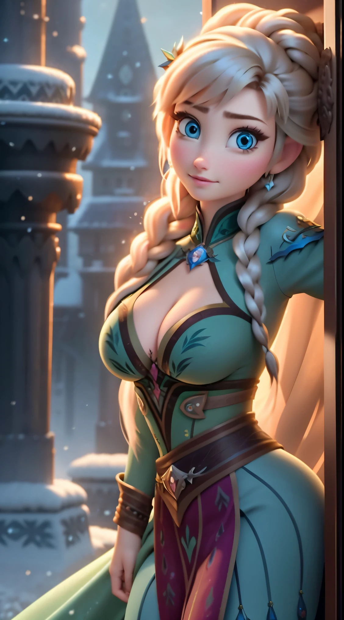 Photo of Anna of Arendelle as a sky instructor, full body sky outfit, action: skying, Anna from Disney Frozen movie, tall and sexy, superb face, perfect body, provocative, Nice, show breasts, huge breasts, tall, sexy legs, bursting huge breasts, wide hips, busty, sexy, enormous breasts, happy.