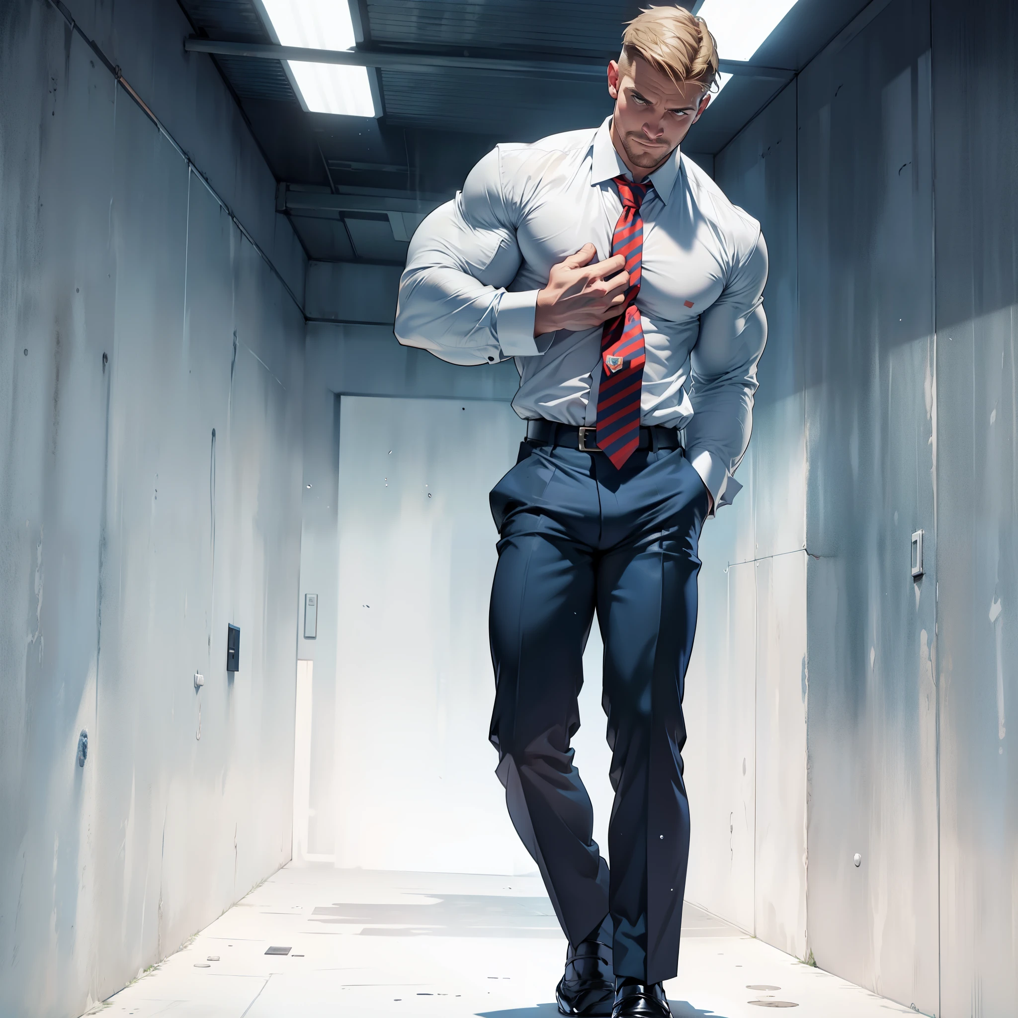 1 man, male focus solo, middle aged man,Stephen AMELL as private investigator, lean muscle,very light blue shirt, marine blue businessman suit ,( red tie) ,( big bulge), full body shot, dark blond short hair, well groomed facial hair, holding a gun with one hand, , ultra high quality, masterpiece, (clear intense splashed blue and white paint in the blackground)