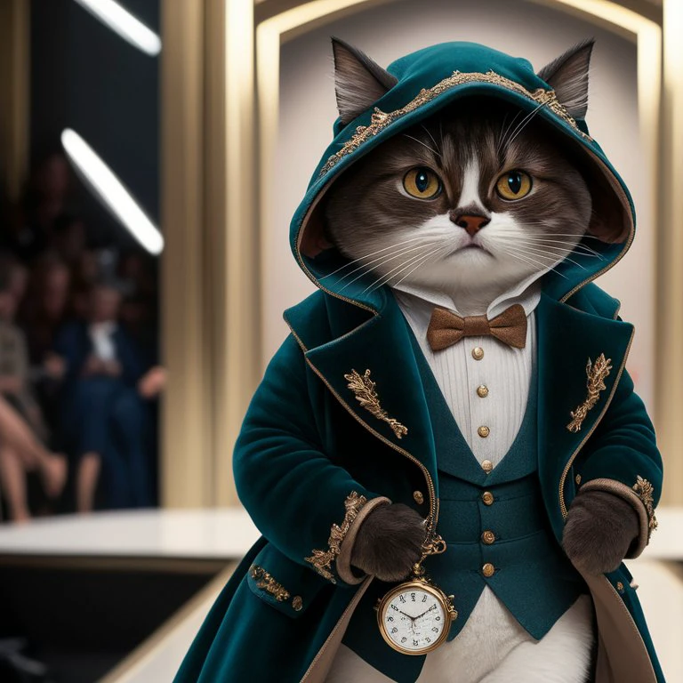 araffe dressed in a blue coat and a white shirt and brown boots, elegant cat, steampunk cat, inspired by Jean-Léon Gérôme, anthropomorphic cat, Aristocrata digno, ready anthropomorphic, novo filme gatos, cat wearing top hat, Fursona usando roupas estilosas