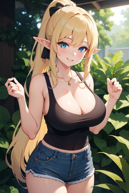 ((High resolution)) (Detailed) (masterpiece) beautiful elf woman, with huge round breasts, long blonde hair in a ponytail, with left bangs, blue eyes, wearing black tank top with big cleavage, small jeans shorts, soft lighting, plants and trees in background, relaxed pose, intricate details, warm colors, smiling, hands down, shy smile, outdoor, summer