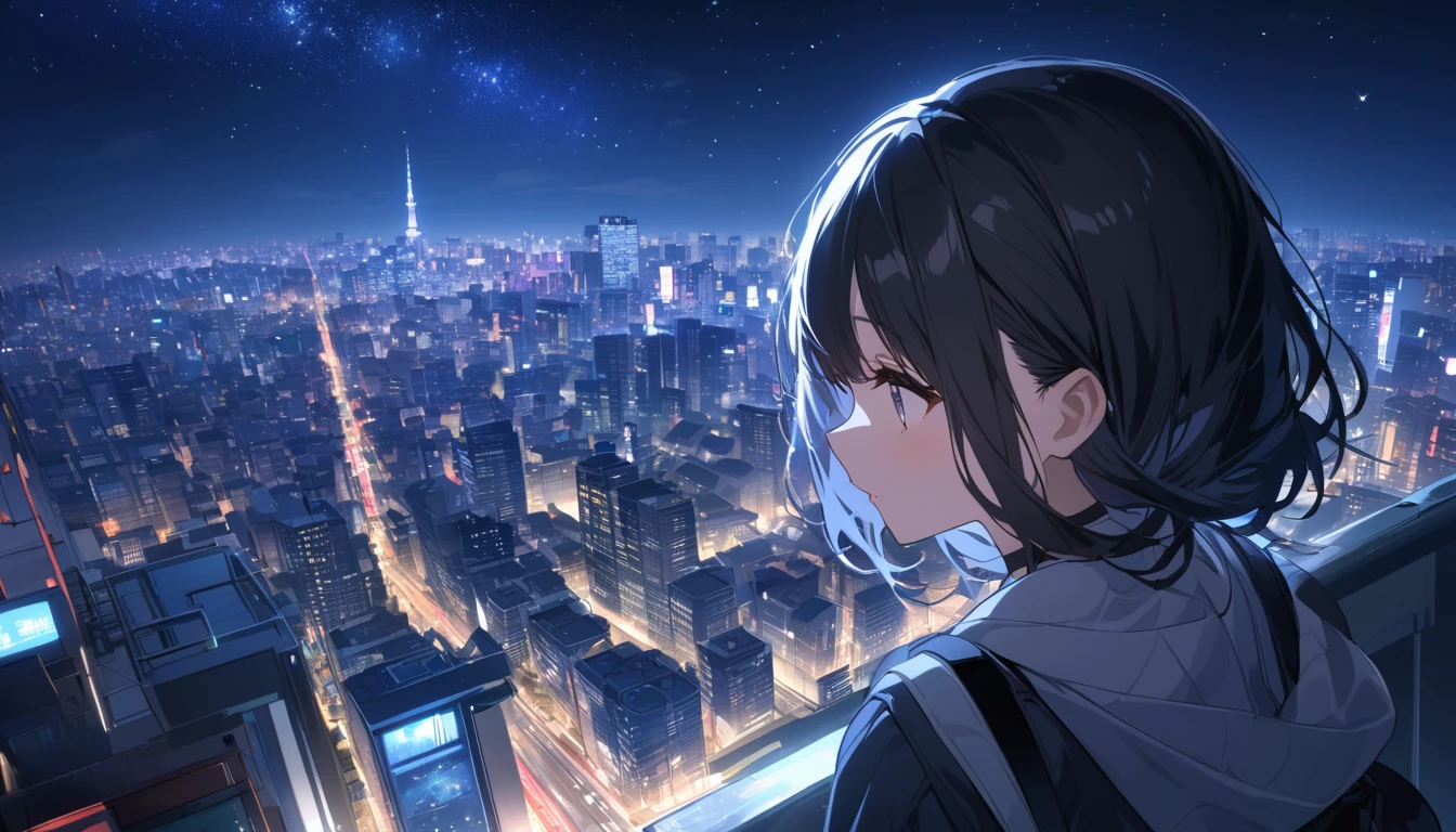 A black-haired woman looking out over the city of Tokyo,Night starry sky,Streetscape、listen to music、Japanese