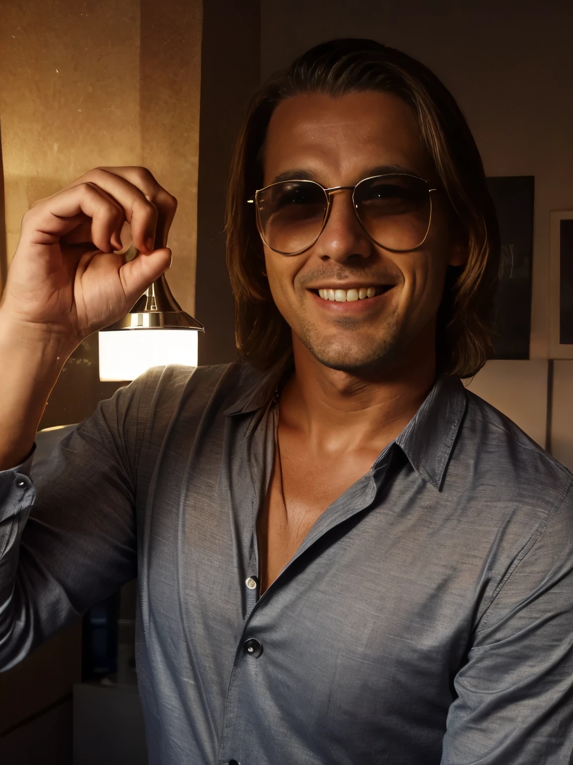 social maffia, modern urban chique bureau, friendly business photo of smiling lawyer (Man) with transparent black sunglasses, extrem light from lamp, dark room