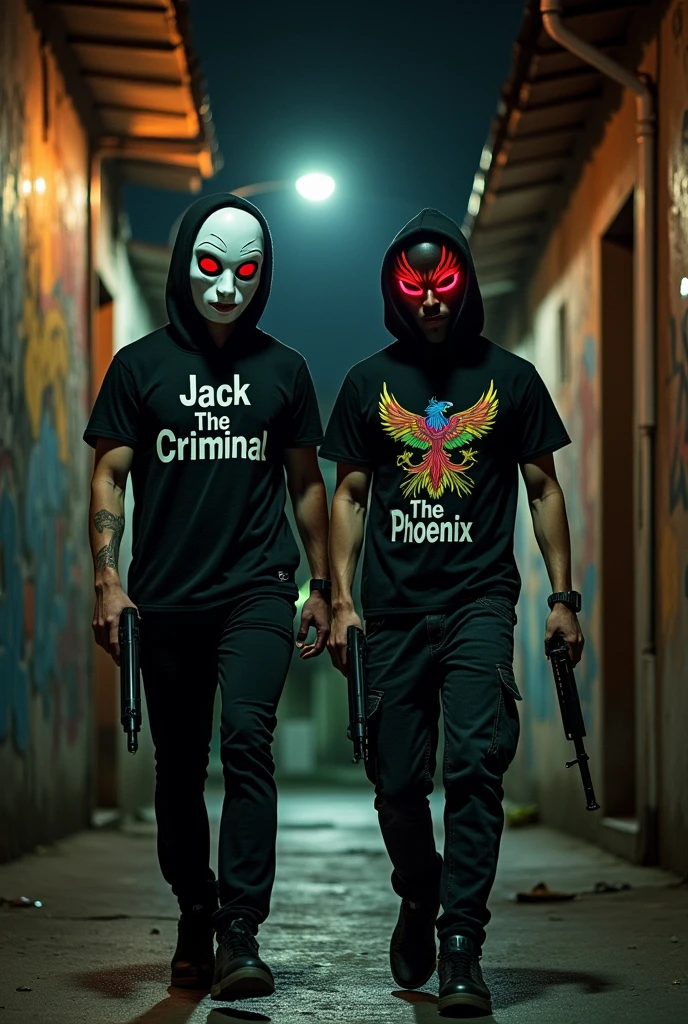 Two young men wearing masks with white and red cartoon eyes with weapons walking in a favela at night and their shirts say... Jack The Criminal and the other his shirt says... The Phoenix and the shirt be of a phoenix