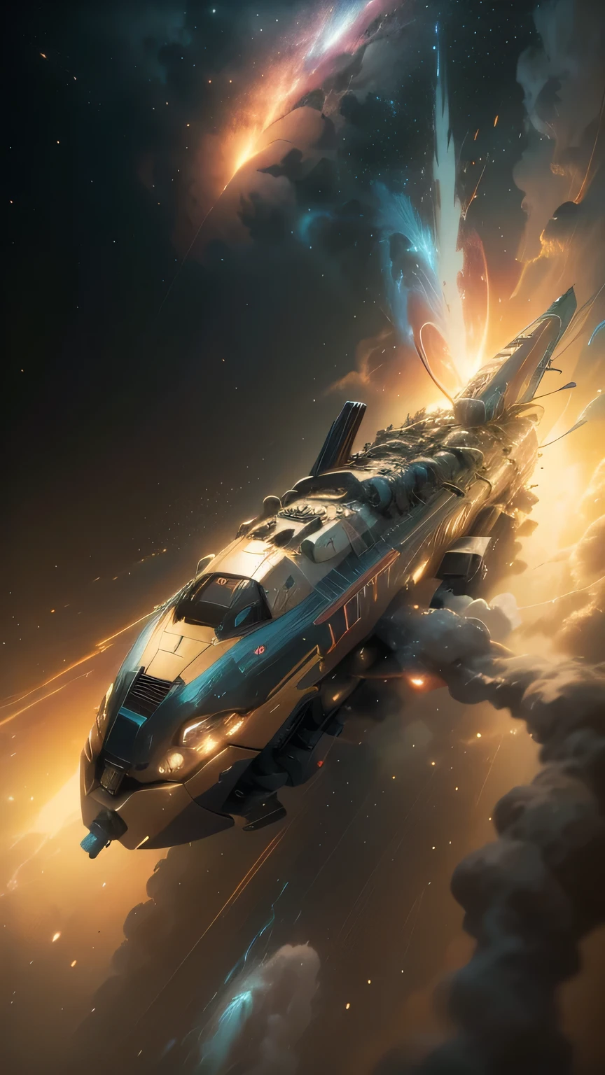 Fantasy,8k,Extremely detailed, masterpiece,High resolution,Highest quality,Increase the resolution,Cinema Lighting,Different space,4 dimensional world,Night on the Galaxy Express,cyber-,Steam locomotive type,A spaceship pulling multiple passenger cars,Maneuvering with Ether,30-car train、Run through the space zone,Numerous stars,Many Galaxies,Milky Way,Cruising at the speed of light,Seeing the Earth in the distance,Super Express,Going to Andromeda,Wide angle of view,Vision,Floating in the air,In the dazzling light,Extremely colorful,The whole carriage is visible,S-shaped,Rail of light,999,colorful cloud nebula