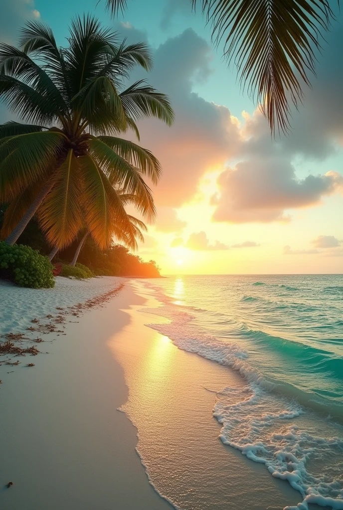 Coconut palms whiye sandy beach and sun rise at dawn