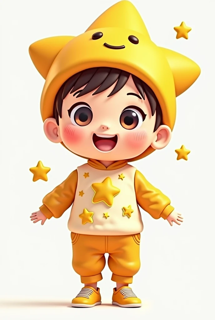 The Q version is cute,Tong Le Le can be a lively and lovely child.，The hair is star-shaped.，His clothes are full of childish elements，There is a small star in the middle，There are happy patterns on it, big eyes and a sunny smile，Convey endless joy and curiosity。 Full body reveal，Full body picture，Different expressions of the same character，Clean background，No other decorations，Showing off legs and shoes，Eyes are eyeballs，Starry Eyes，Hats are smiling stars