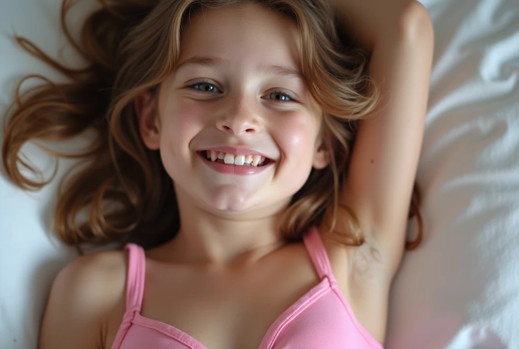 beautiful,  girl, sexy lookinwhite girl, by rubio, smiling brightly, wearing pink cotton bra, wearing pink cotton panties, touchlf, nipples, body detailsfrom under clothes, smile face, sexy smile, legs open, lying the bed, perfect lighting, (extreme detail), (8k), (wallpaper), seen from above