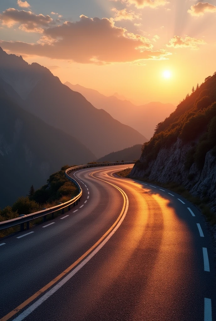  a picture of a winding road with a bike lane, bending, Road and sunset!!, by Kurt Roesch, smooth and sharp lines, by Franz Hegi, by Thomas Hafner, on a road, empty road, open road, curved perspective, paved roads, mountain road, Precise roads, fluid curves, flat curves, The way, Road