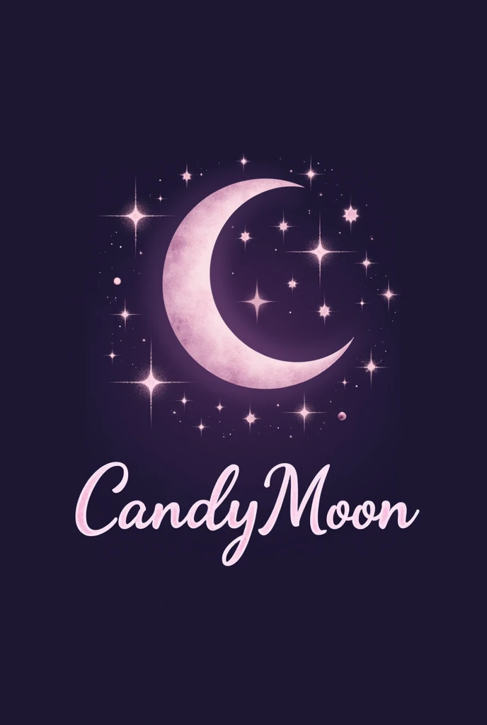 Make me a logo of a moon with stars with a purple tone, a simple and soft drawing , and below the logo name is CandyMoon in cursive and soft texture, the background a little dark 