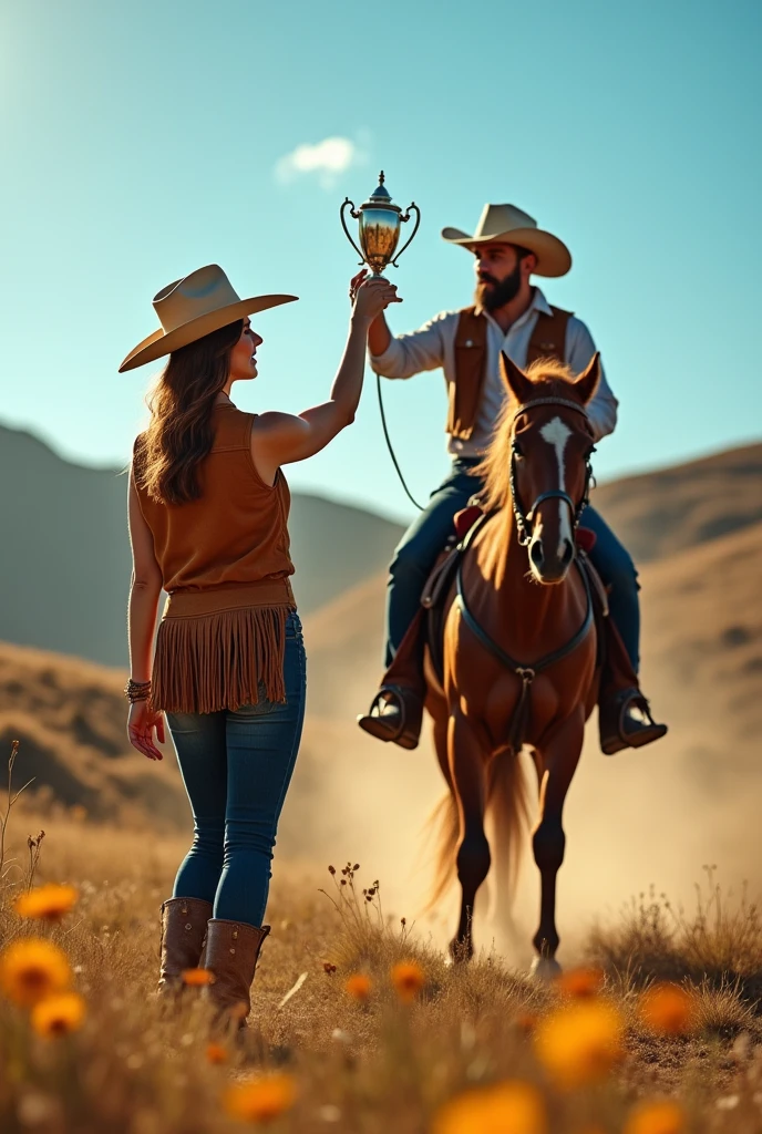 Pretty woman dressed as a cowgirl giving gift to a man on horse for winning a treadmill race