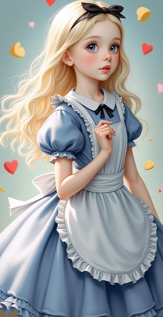 best quality, ultra highres, photoreaslistic, a photography of a cute girl, detailed face, (PureErosFace_V1:0.008), Alice in Wonderland, 13yo, blonde wavy hair, white apron, blue dress, playing card pattern background, no make-up