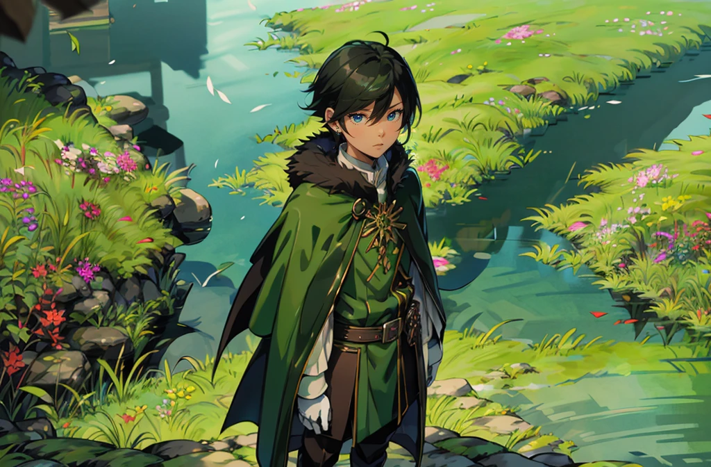 yuichiro hyakuya, (WithoutFear:1), 1 boy, black hair, green eyes, brown coat, gray armor, green shield, green cloak, dark brown gloves, town, white fur trim, tall, anime, standing, good quality, portrait, looking at viewer