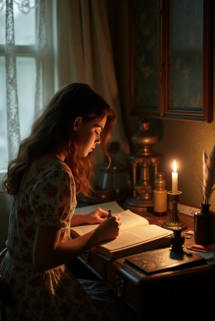 20th century girl with her back turned reading and writing in the dark 