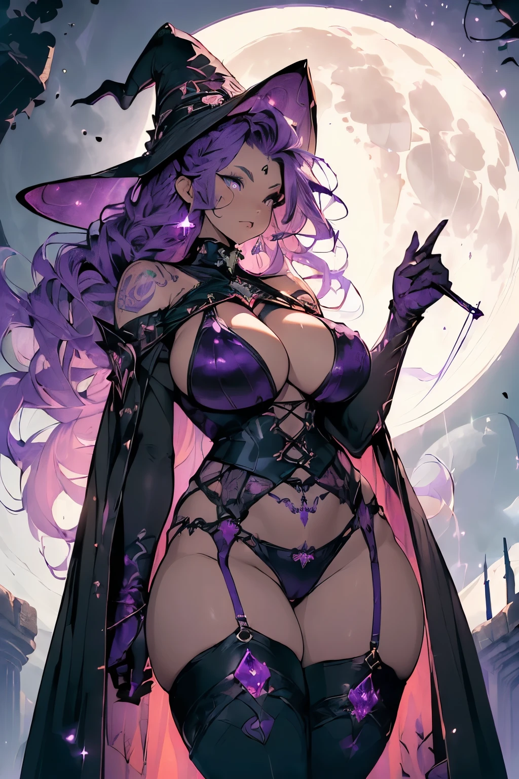 (Emits a huge purple energy from his entire body:2.0)、(Huge magical light:2.0)、High quality, Ultra detailed, best quality, insanely detailed, beautiful, masterpiece、((((Huge magical effects、Abundant light、Covered in magical energy、Tattoo that glows red)、(Holds a giant magical staff with a giant purple crystal))))、(Purple hair with waves、Witch Hat)、(Slut、Bitch、Prostitute)、(Huge breasts、Underboob、Sideboob、See-through sexy lingerie)、(Huge tattoo that glows on the crotch、Camel toe)、(Wide Hips、Thick thighs、glamorous、curve、NSFW、Revealing outfit)、(Black garter belt、Black long boots、Black Gloves、See-through cape)、((Giant Moon:1.5)、ancient ruins)