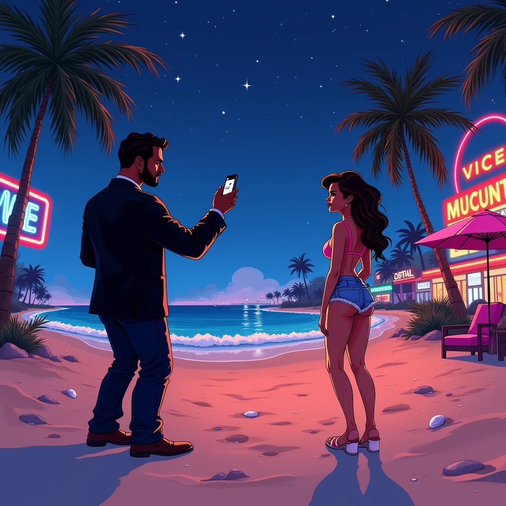 Black shadow of a flirting man taking a photo of a woman on the ground in all her casual clothes on a cartoon style beach, in Vice City GTA, Black night sky