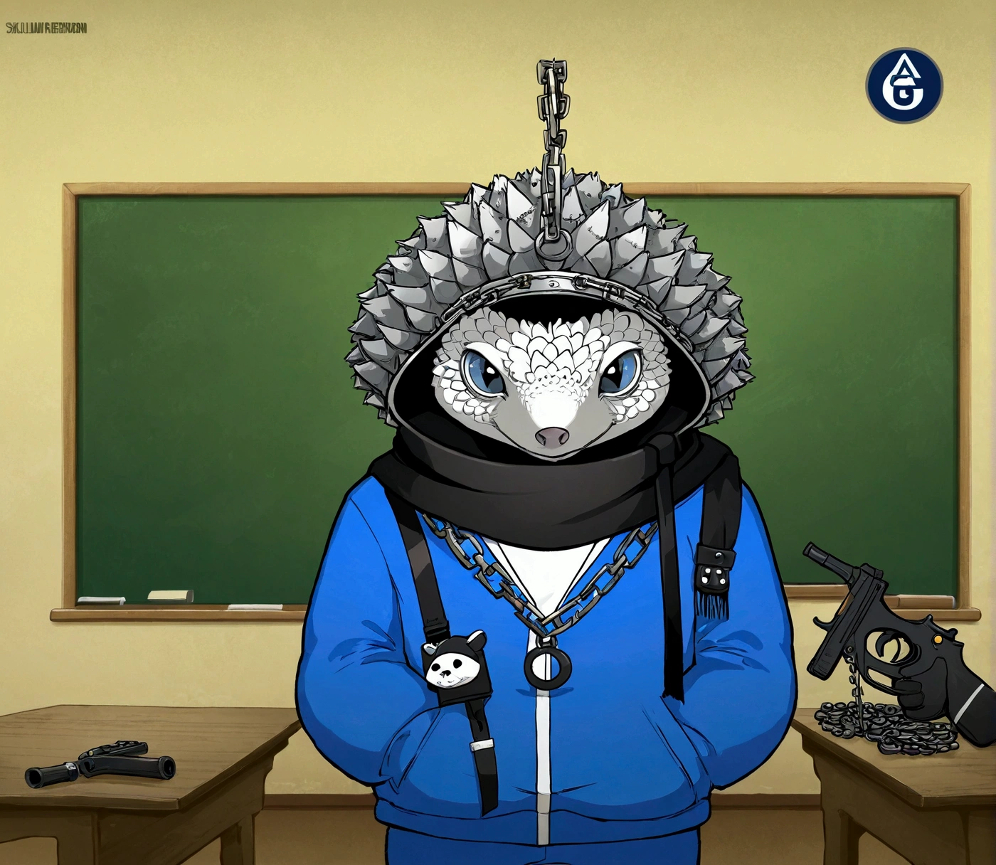 White Pangolins Shag Beetle, Circle Eye, Zig zag Mouth, Fez Hat, blue tracksuit, Black scarf, by Guillaume Renard and Kaeit VanDorn \(skchkko\), facing viewer, Evil Angry, metal_collar, chains, facing viewer, holding Uzi Machinegun, Classroom, Style of Guillaume Renard, digital illustration