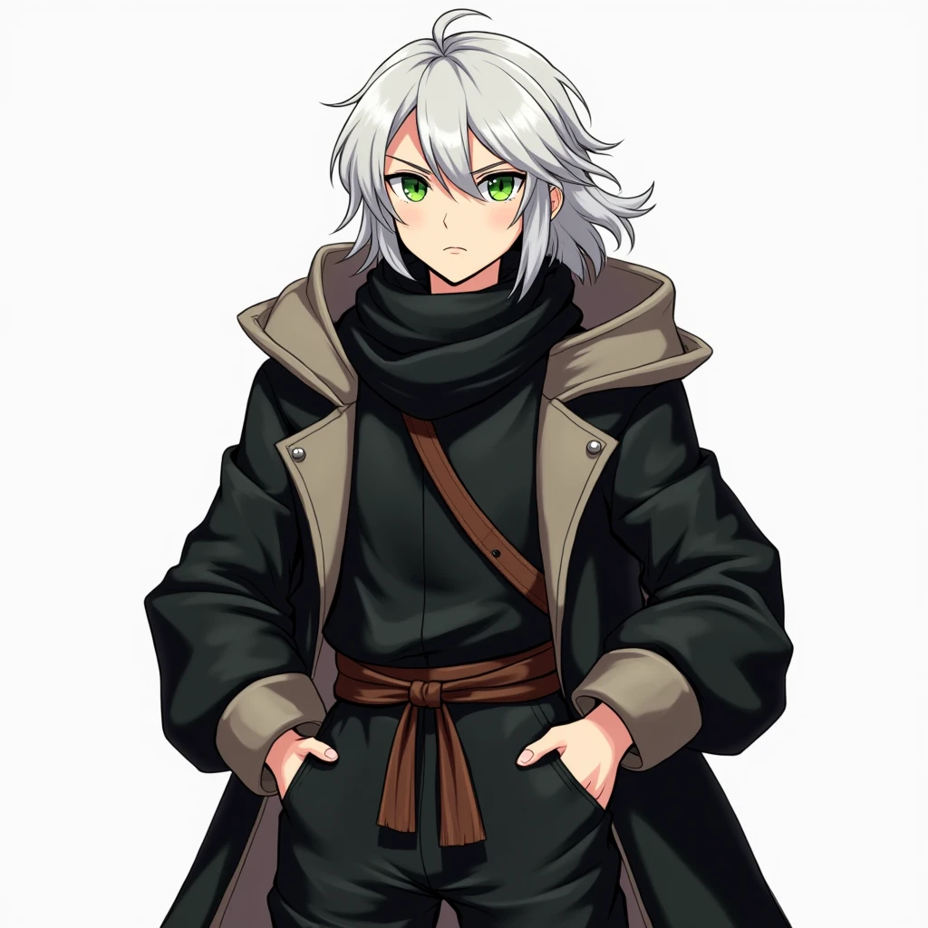 half body photo, serious face, Athletic, 31 year old Halfling, green colored eyes, medium long white hair, black scarf, black coat with gray with brown hood , medieval clothing, black sweatpants, hand in pocket, Anime Village saga, 4K, epic, Village saga.