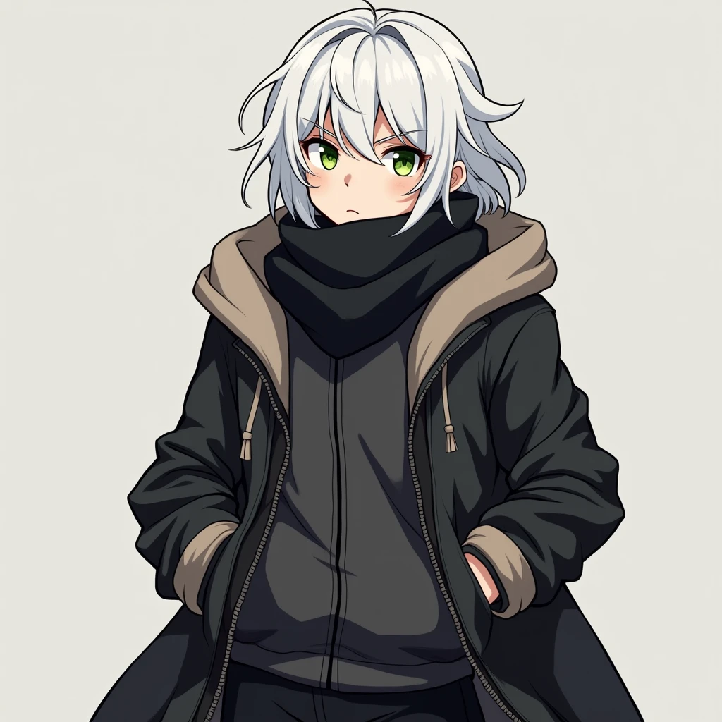 half body photo, serious face, Athletic, 31 year old Halfling, green colored eyes, medium long white hair, black scarf, black coat with gray with brown hood , medieval clothing, black sweatpants, hand in pocket, Anime Village saga, 4K, epic, Village saga.