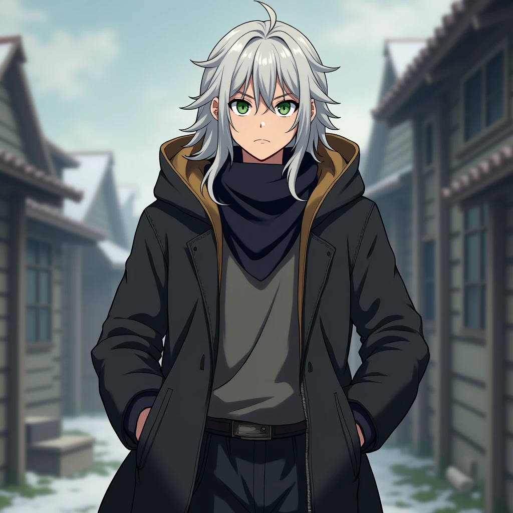 half body photo, serious face, Athletic, 31 year old Halfling, green colored eyes, medium long white hair, black scarf, black coat with gray with brown hood , medieval clothing, black sweatpants, hand in pocket, Anime Village saga, 4K, epic, Village saga.