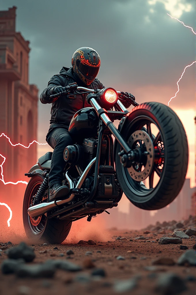 A futurist biker doing weelee on a post apocaliptuc planet with red thunder around him