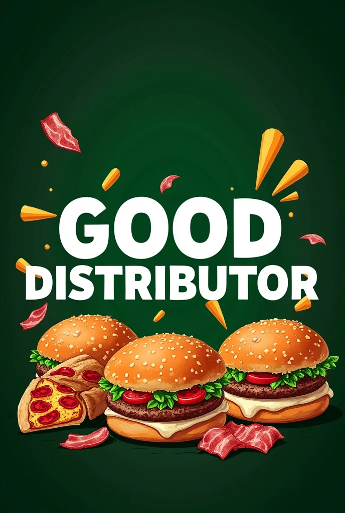 Create a logo "GOOD DISTRIBUTOR" written in white, with a very dark green background and a drawing of hamburger buns, sliced mozzarella drawing, sliced ham drawing, pepperoni and bacon 