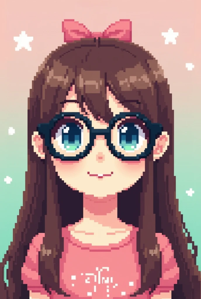 Pixel art profile picture of a girl with black glasses and long straight brown hair