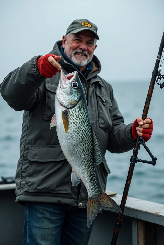 Real photo of realistic Chilean fisherman with fish on rod
