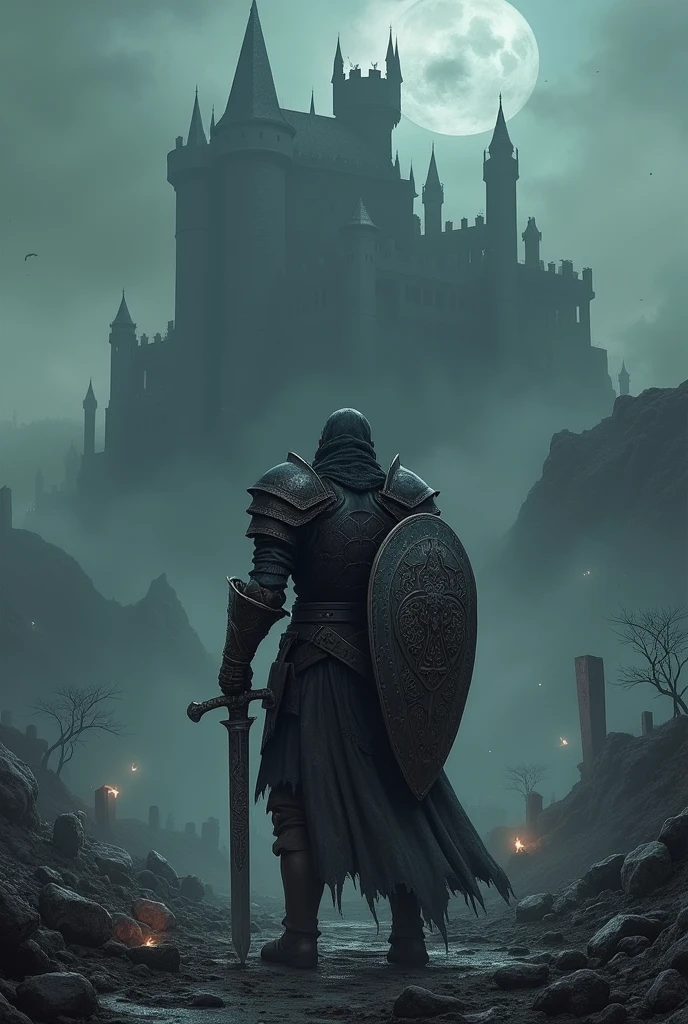Crue an image of a warrior in Dark Souls 2 and in the background the Drangleic castle
