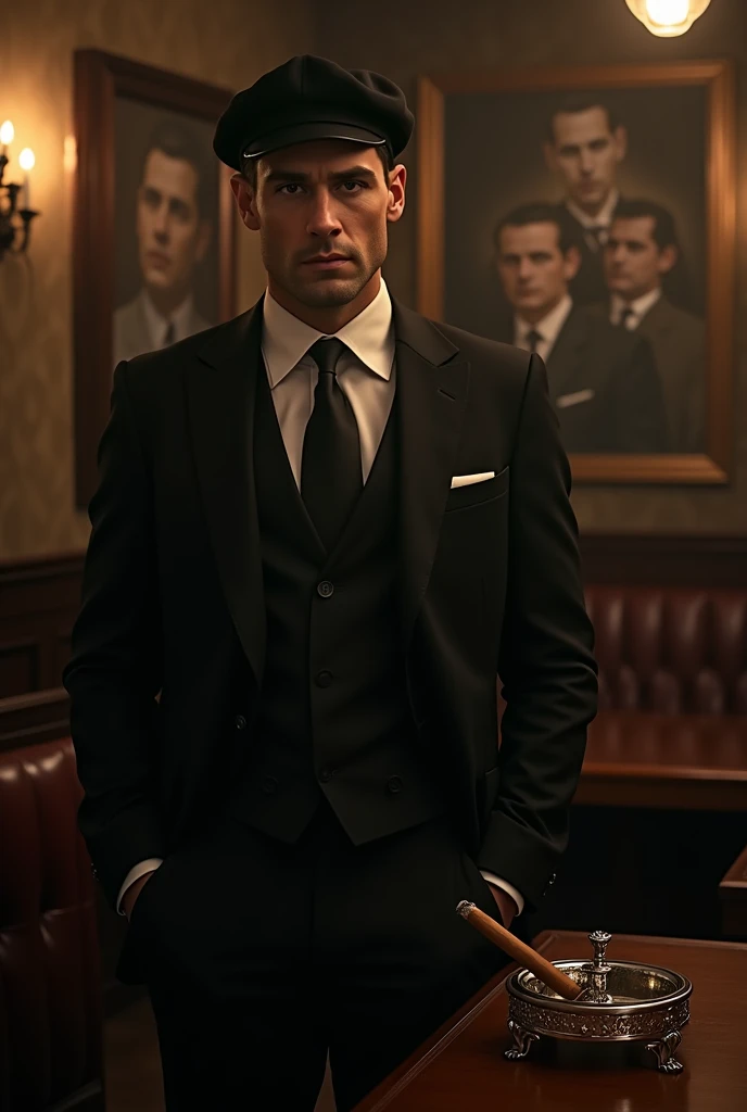 male mafia character with black suit short straight hair and beret