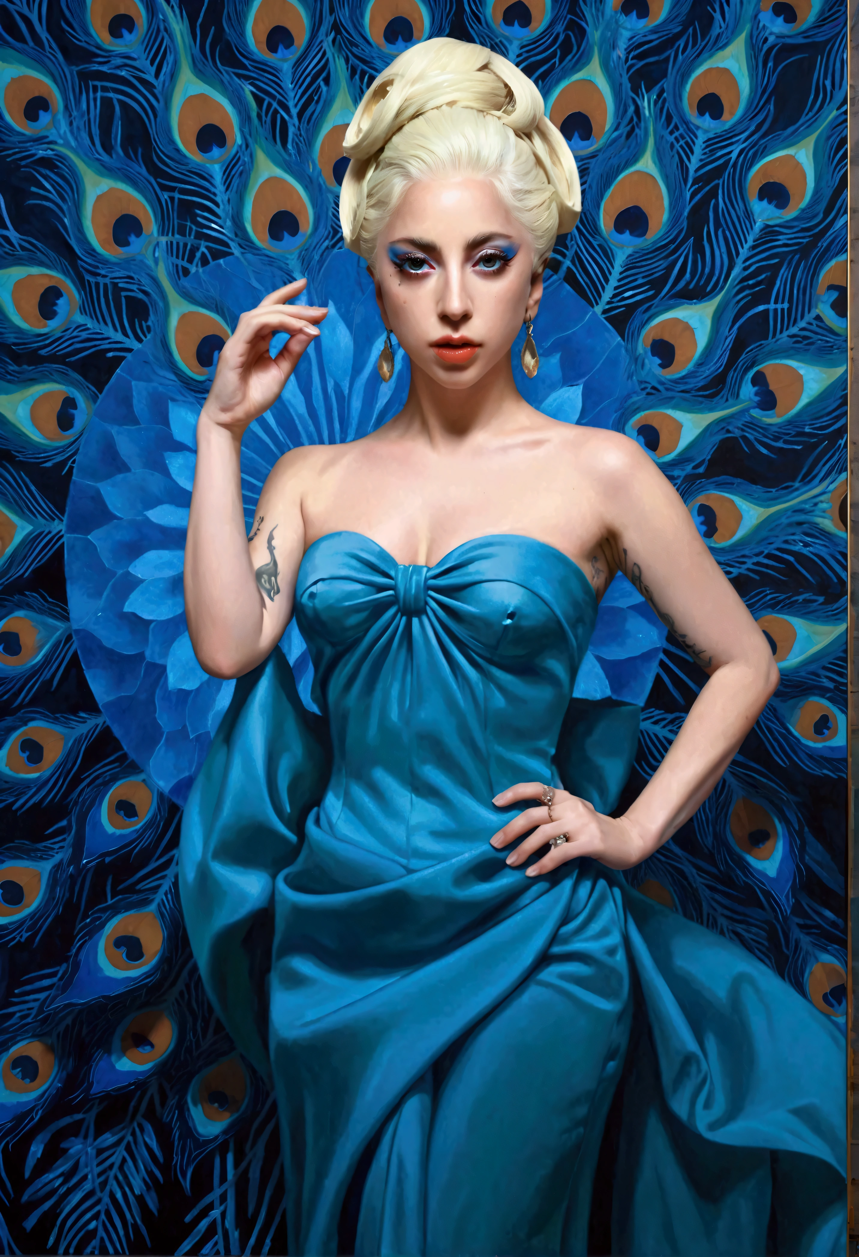 A painting by Alafid，Lady Gaga in the painting，With a peacock tail and eyes, Surrealism inspired by James Jean, Popular on artstation, Pop surrealism, james gien style, James Jean Andre Ryabovich, james jean 和 wlop, James Jean Soft Light 4K, james jean soft light 4k, james jean marc, style of james jean