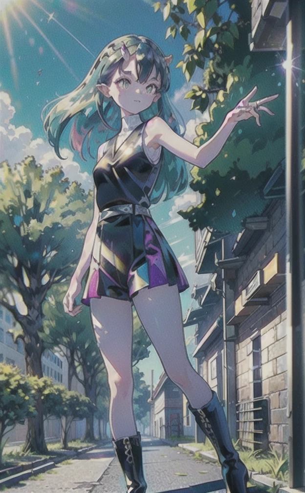 1girl, mature, lum, purple hair, ((bangs)), ((hime cut)), long hair, short side fringe, (((tiny horns on forehead))), (((cyan top))), (((empire waistline))), ruffled shirt, flowy shirt, (sleeveless), ((medium breasts)), black short shorts, pink eyes, sharp eyes, eyeshadow, smile, floating, bare legs, BREAK, (red ankle boots), in school, courtyard, grass, trees, school building, cute, full_body,  