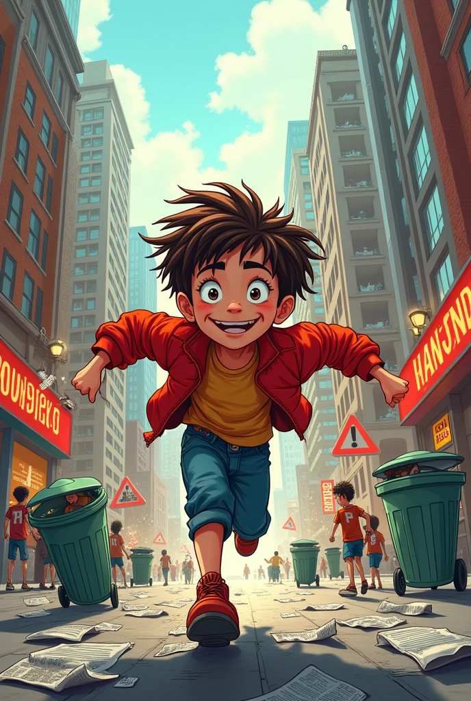 A naughty boy named Lucas, With a malicious expression, creating confusion in the city. He is using his super speed powers to cause chaos, with elements of disorder around it, such as falling objects and danger signs. The scene should convey a sense of mischief and destruction; the illustration must be and cannot be realistic.


