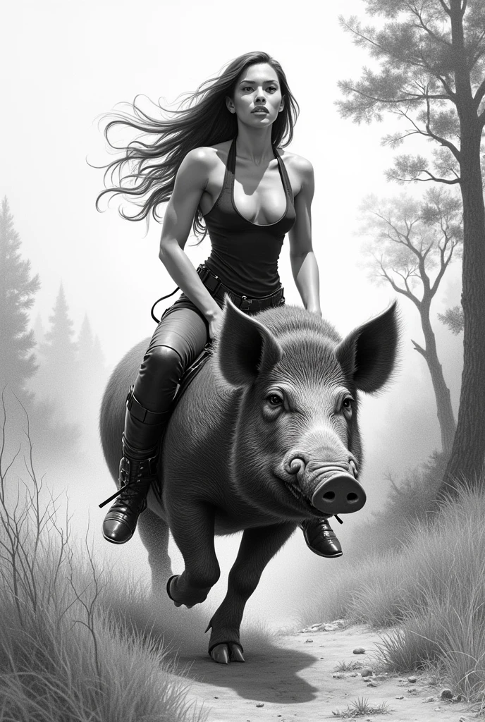  with bodysuit legs riding a wild pig. Graphite image