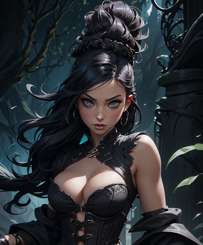 This is a fantasy character portrait. (((Looks sultry and wanton.))) (((Looks like a woman who gets what she wants.))) Looks like a single character portrait of a sexy, exciting, female adventurer for a high fantasy setting. Her body measurements are 36-24-36. She looks like a sexually aggressive, fun, confident woman for a fantasy role playing game like Dungeons & Dragons. She is exciting and dramatic, with an excellent fashion sense and very sexy and cool hair style. She wears fantasy attire, such as a corset. She is a very interesting woman in her early 20’s. She also has a beautiful body that other women are envious of. Art in the style of fantasy artist greg rutkowski. Art in the style of fantasy artist artgerm. hyper detailed, gothic art, trending on artstation,intricate details, ultra detailed,, ultra detailed clothes, epic masterpiece, ultra detailed, intricate details, award winning, fantasy art concept masterpiece, trending on Artstation, digital art, unreal engine, 8k, ultra HD, centered image