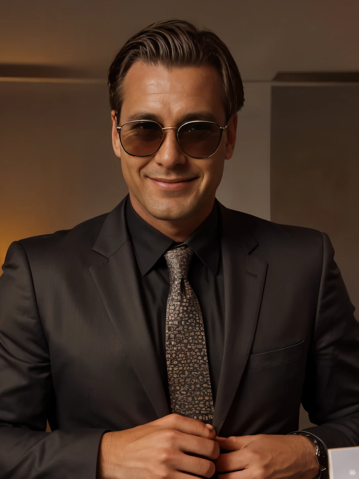 social maffia, modern urban chique bureau, friendly business photo of smiling lawyer (Man) with transparent black sunglasses, extrem light from lamp, dark room