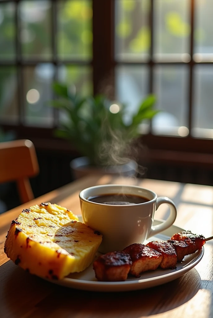 A cup of black coffee with a pork skewer, with a small tortilla and a triangle of grilled pineapple