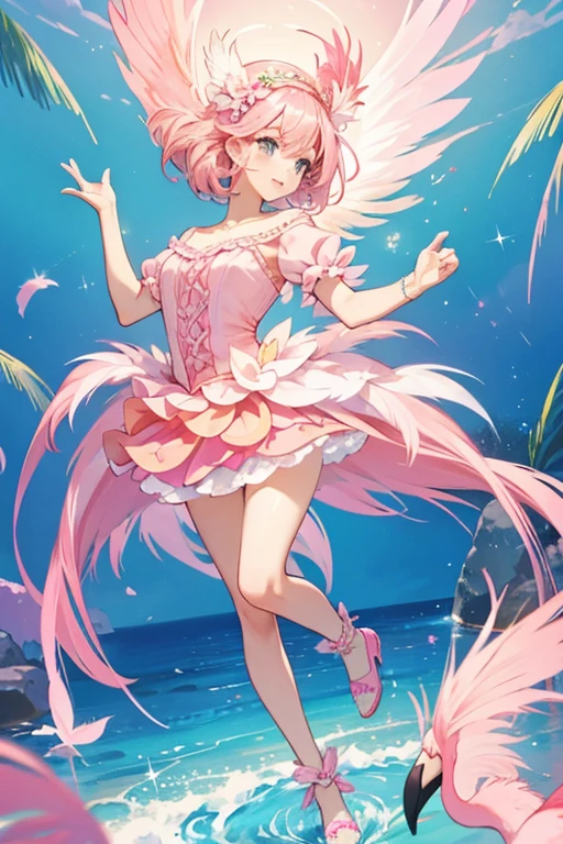 Fanci is light pink flamingo with dark pink hair.
She wears a light blue top and pink skirt with a leaf design.
She wears blue feather headpiece, pink shoes, and pink feather wings. SPARKLE; GLITTER