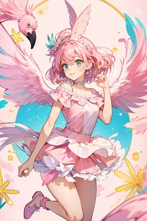 Fanci is light pink flamingo with dark pink hair.
She wears a light blue top and pink skirt with a leaf design.
 She wears blue feather headpiece, pink shoes, and pink feather wings.  SPARKLE; GLITTER