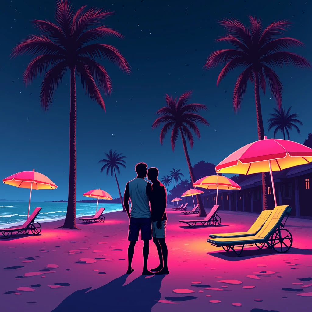 Black shadow of a flirting man taking a photo on a cartoon style beach, in Vice City GTA, Black night sky