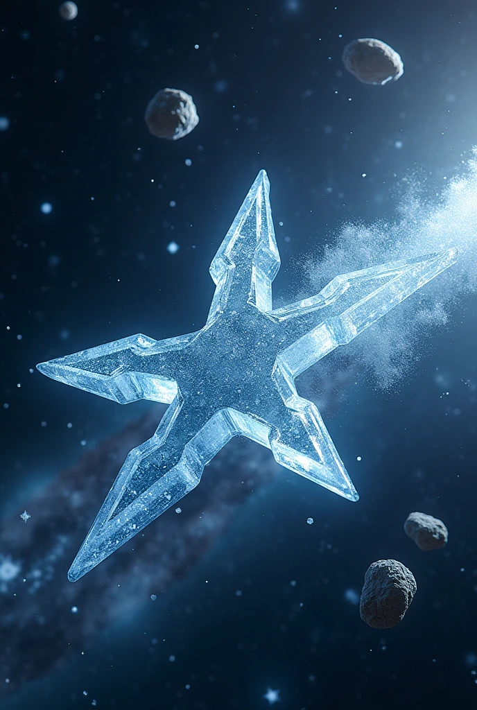 Three ninja stars made of ice, they must appear to fly through space freezing everything around them.