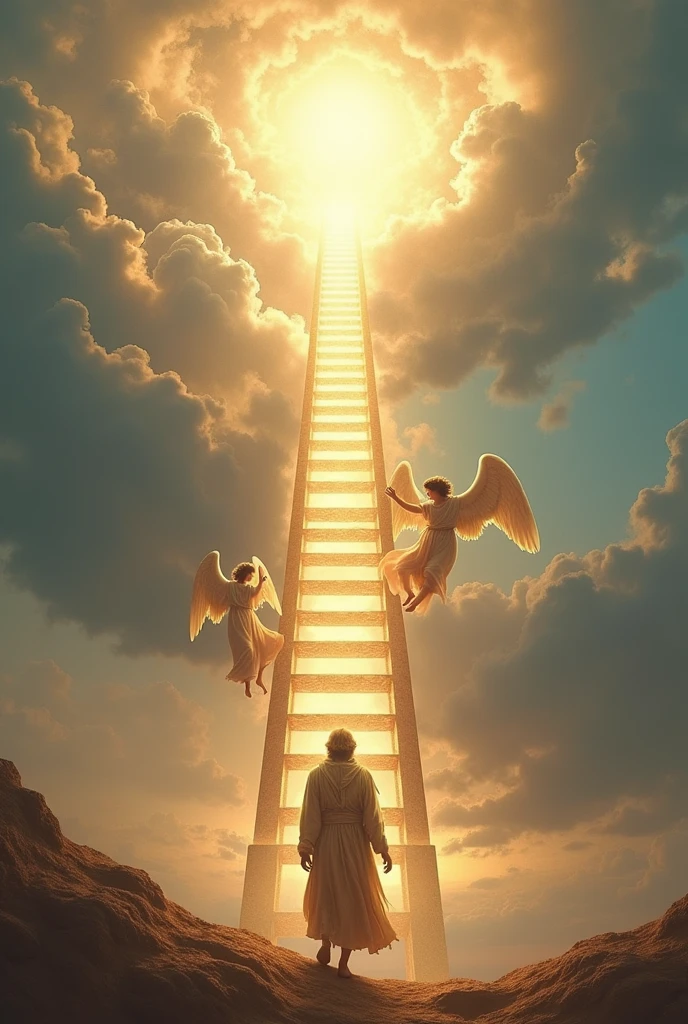 Imagine a ladder that goes from earth to heaven and that has angels next to it and below it a man in ancient clothes from biblical times.