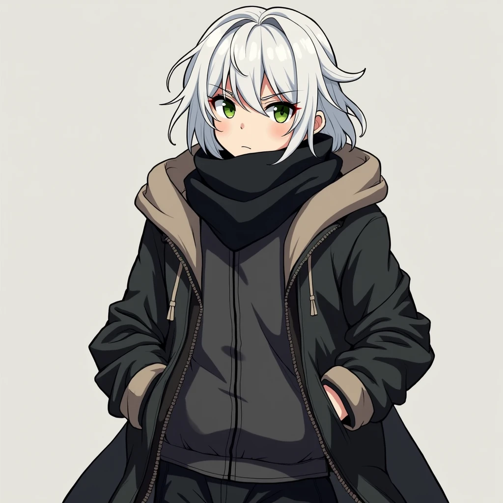 half body photo, serious face, Athletic, 31 year old Halfling, green colored eyes, medium long white hair, black scarf, black coat with gray with brown hood , medieval clothing, black sweatpants, hand in pocket, Anime Village saga, 4K, epic, Village saga.