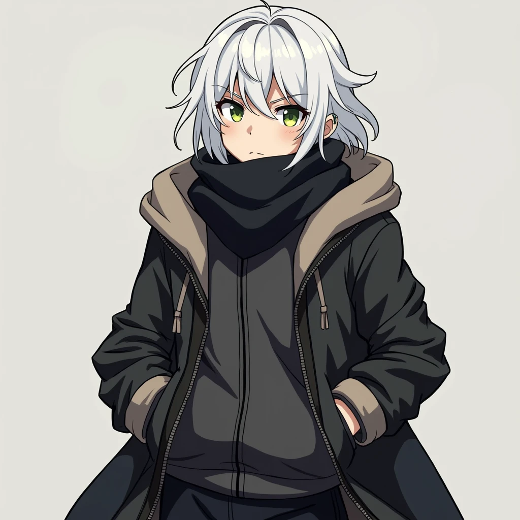 half body photo, serious face, Athletic, 31 year old Halfling, green colored eyes, medium long white hair, black scarf, black coat with gray with brown hood , medieval clothing, black sweatpants, hand in pocket, Anime Village saga, 4K, epic, Village saga.