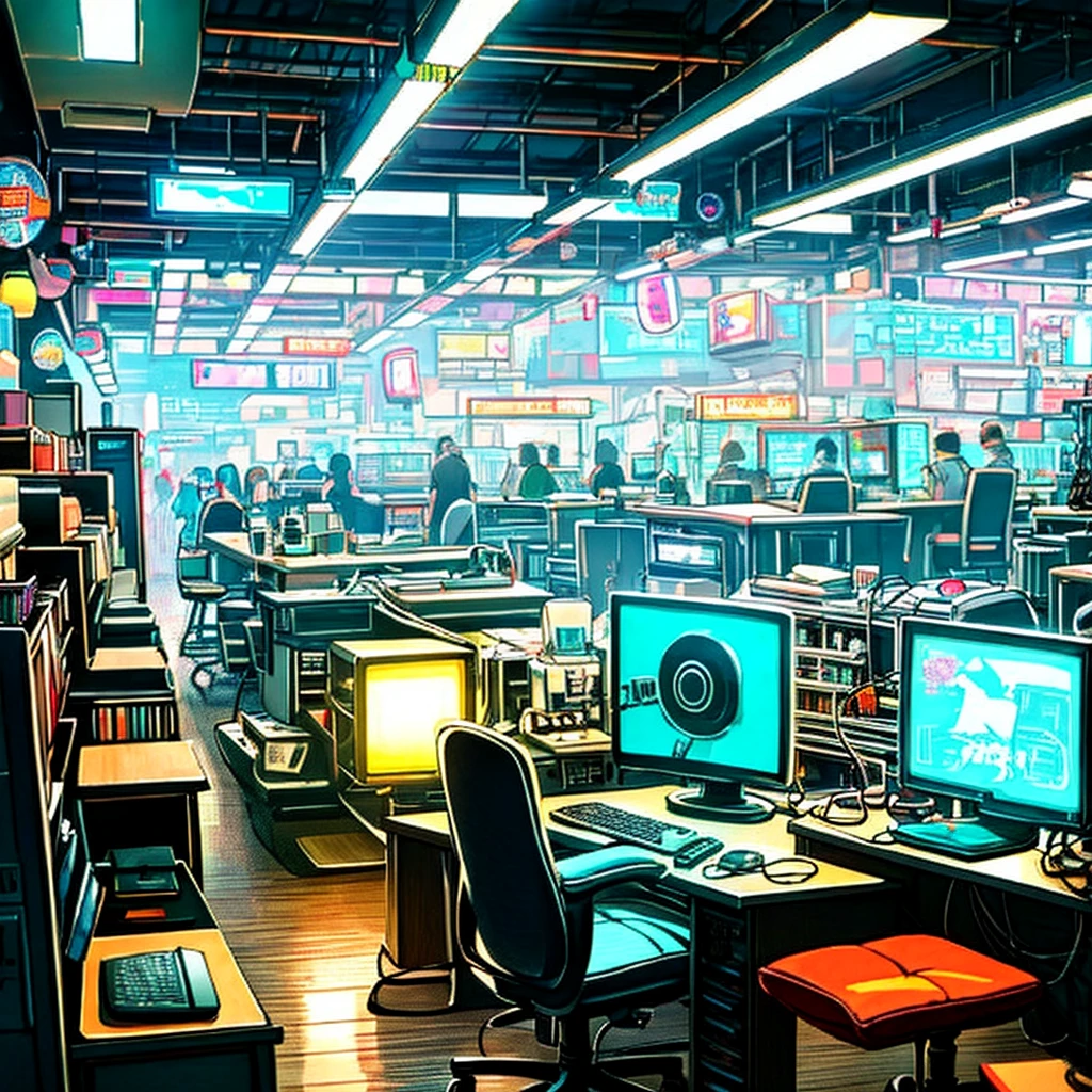 Neon City、Long Shot、City Pop、summer、The back of a figure wearing pajamas、Sitting deep in a chair with legs crossed、A lit cigarette and ashtray、Neon stand lamps in both corners of the room、Smartphone operation、Glowing headphones、A messy work room、The light from the computer illuminates the dark room、sneakers、Maniacal PC peripherals、Desktop PC、Typing on a computer、Retro feel、Retro electric fan、record、Famicom、Retro posters on the wall、Colorful comic book posters、Drawn from a distance, showing the whole figure、Drawn from a diagonal angle, showing the whole room、View from afar、Wide々A spacious room、stage