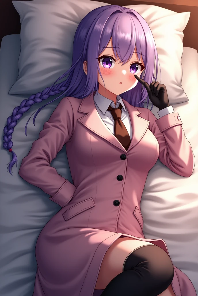 (1girl, kirigiri kyoko, danganronpa), masterpiece, best quality, 8K, ultra-detailed, laying in bed, sheets, embarrassed face, blush (((light pink raincoat))), (((buttoned raincoat))), (shiny raincoat) Kyoko, purple eyes, purple hair, long hair, braid, black gloves, purple jacket, purple skirt, brown necktie, white shirt, boots. She is shy because you said you love her. Her outfit consists of a dark jacket worn over a long sleeved white blouse. She wears a brown belt, holding up a dull purple short skirt.