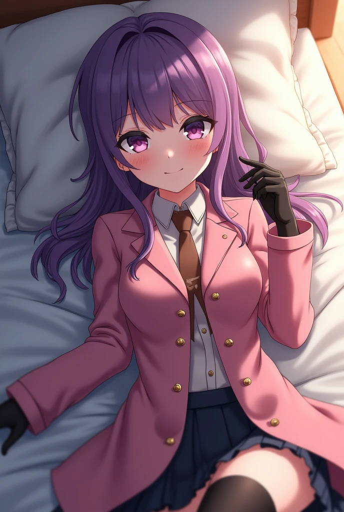 (1girl, kirigiri kyoko, danganronpa), masterpiece, best quality, 8K, ultra-detailed, laying in bed, sheets, embarrassed face, blush (((light pink raincoat))), (((buttoned raincoat))), (shiny raincoat) Kyoko, purple eyes, purple hair, long hair, braid, black gloves, purple jacket, purple skirt, brown necktie, white shirt, boots. She is shy because you said you love her. Her outfit consists of a dark jacket worn over a long sleeved white blouse. She wears a brown belt, holding up a dull purple short skirt.