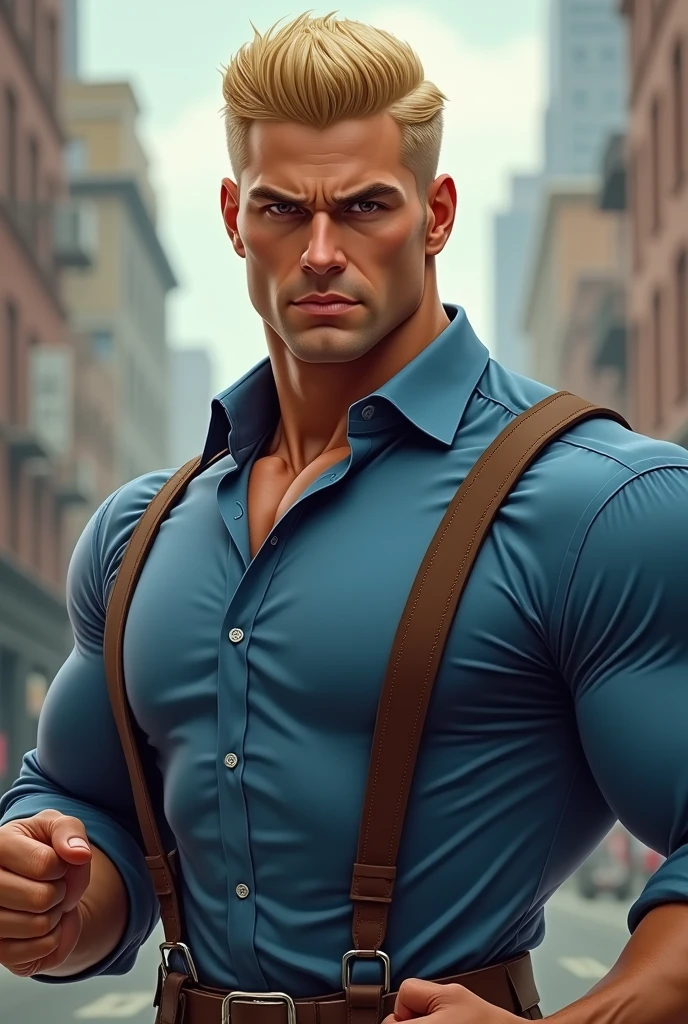 Blonde haired male with hair slicked back, somewhat built. Blue collared shirt with brown suspenders. Clenching fist